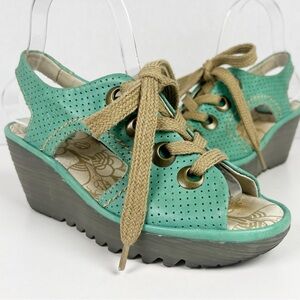 FLY LONDON Women Size EU 36 /US 5.5-6 Mint Green Ylva Perforated Lace-Up Wedge